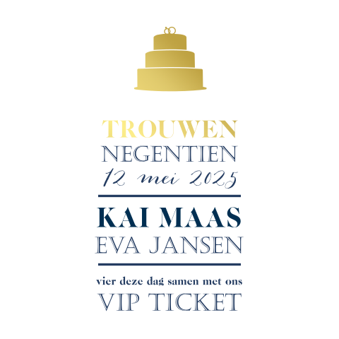 Goudfolie trouwkaart met bruidstaart en klassieke typografie