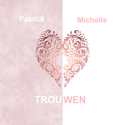 Romantische trouwkaart met roze hartje met sierlijke krullen