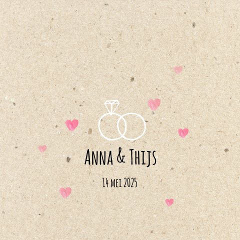 Hippe trouwkaart met watercolour hartjes en ringen