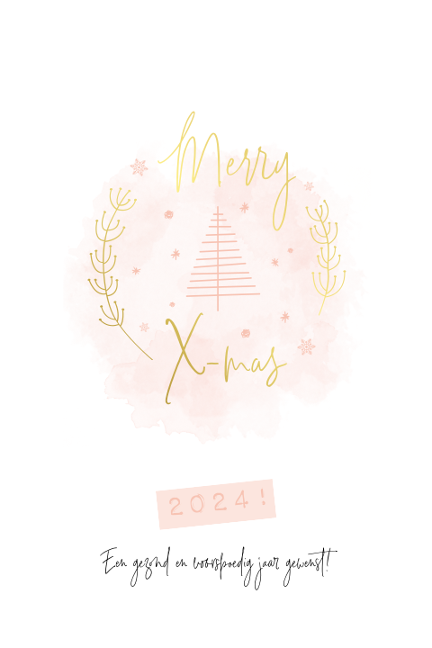 Goudfolie kerstkaart met kerstboom op roze watercolor