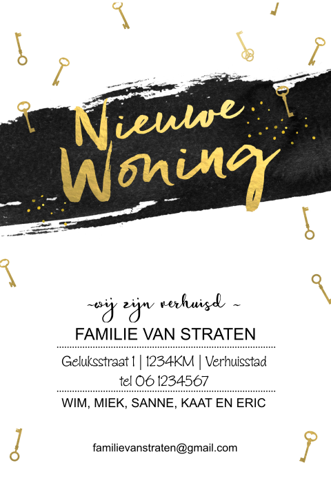 Verhuiskaart met nieuwe woning en sleutels in goudlook