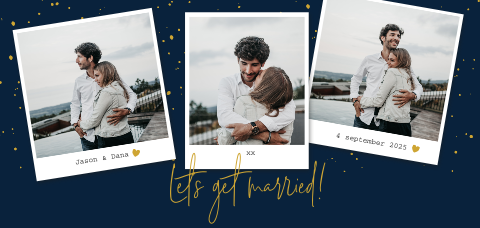Hippe trouwkaart met polaroid foto's op donkerblauw en goudlook