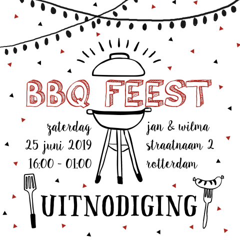 Uitnodiging BBQ met tekening van barbecue en lichtsnoer