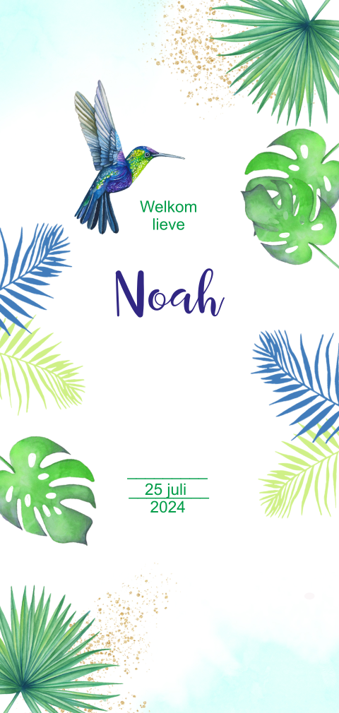 Hip geboortekaartje voor jongen met botanische bladeren en kolibrie