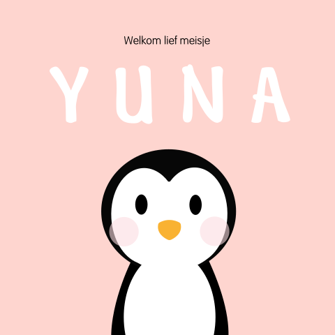 Schattig peach geboortekaartje voor een meisje met pinguïn