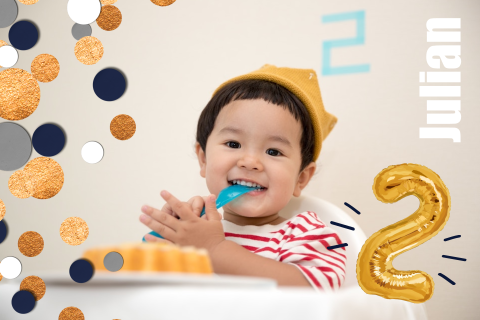 Uitnodiging kinderfeestje met confetti en goudkleurige ballon