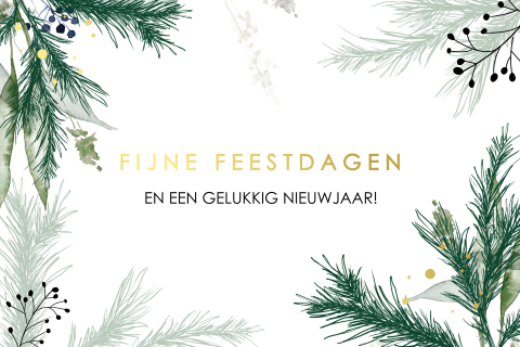 Zakelijke goudfolie kerstkaart met takjes in groen en rood