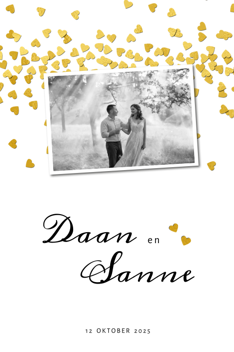 Stijlvolle trouwkaart met gouden hartjes met foto