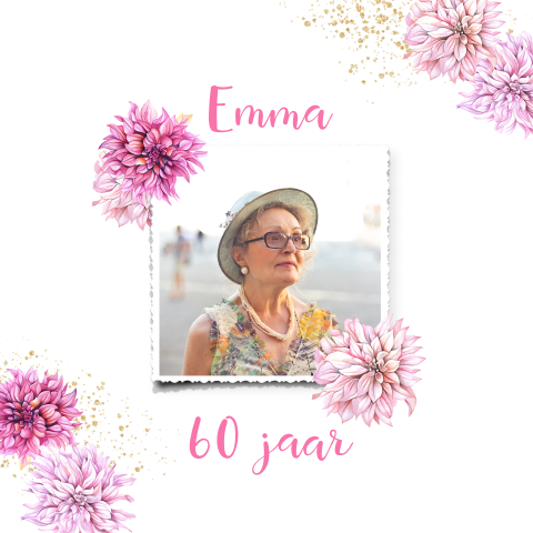 Stijlvolle uitnodiging 60e verjaardag vrouw met foto en dahlia bloemen