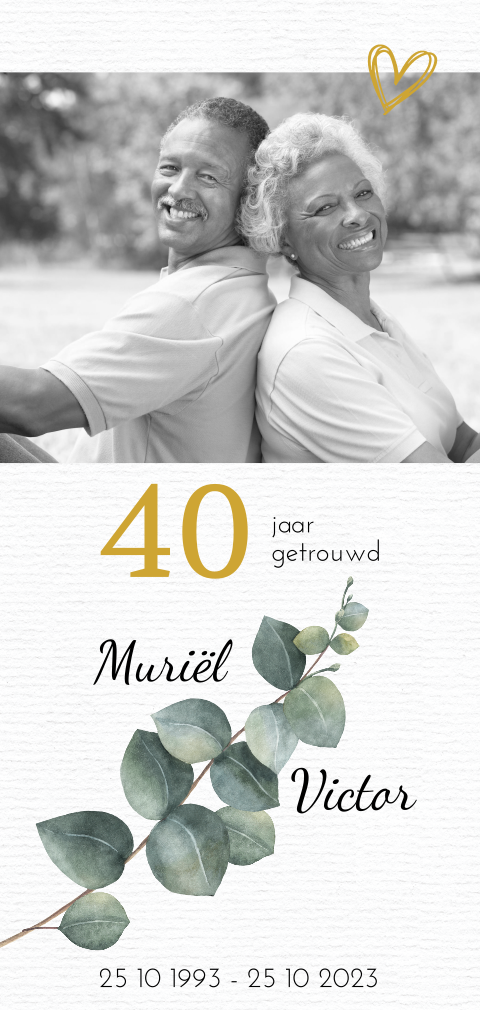 Stijlvol jubileumkaartje 40 jarig huwelijk met eucalyptus tak en foto