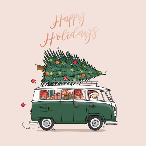Zakelijke kerstkaart met originele illustratie van kerstman in busje