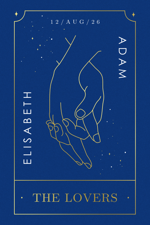 Trouwkaart in tarot stijl met donkerblauwe achtergrond en goudfolie