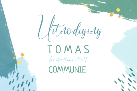 Hippe communiekaart met goudlook spetters op blauw