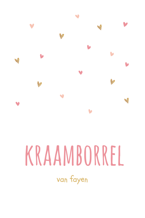 Lief kraamborrelkaartje met roze en goudkleurige hartjes