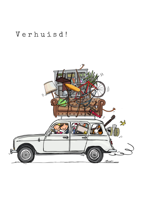 Originele verhuiskaart met tekening auto met meubels