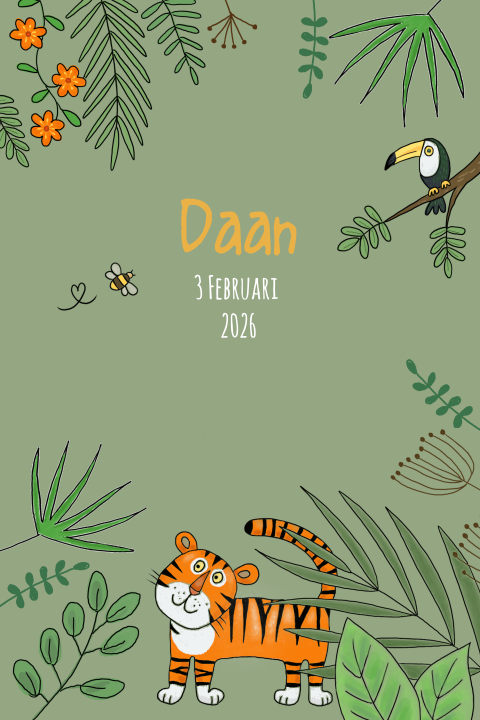 Jungle geboortekaart met tijger voor een jongen