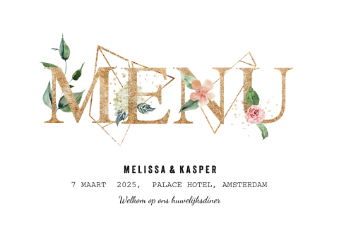 Moderne menukaart in goudlook met bloemen