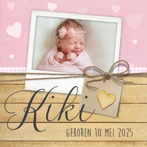 Stoere geboortekaart meisje met foto en bij te bestellen houten hartje