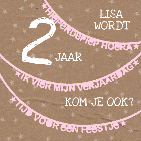 Uitnodiging met kraft en roze slings - Twee jaar