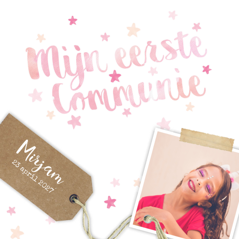 Lief communiekaartje met een foto en sterretjes