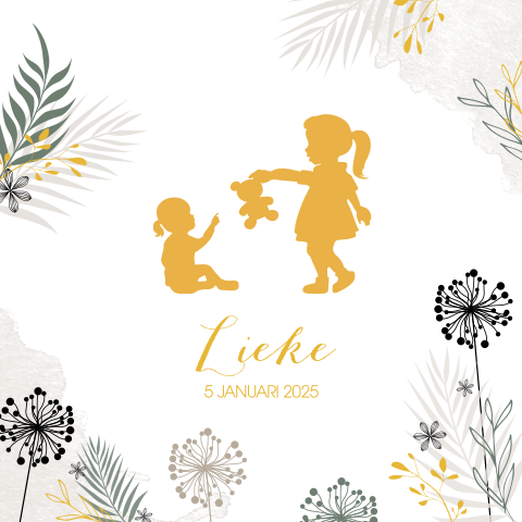 Schattig babykaartje met silhouetten van zusjes en watercolor takjes