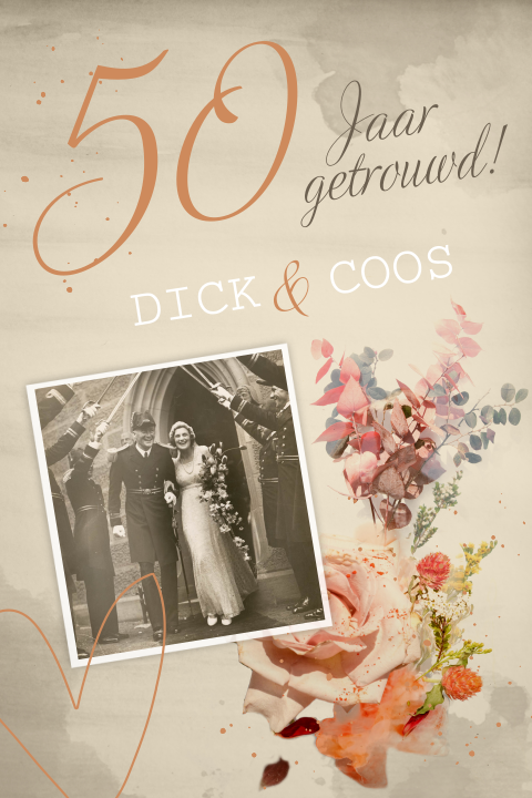 Fotokaart als jubileum uitnodiging met vintage bloemen en foto