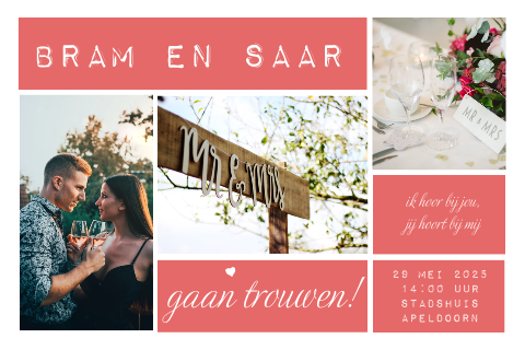 Moderne trouwkaart met foto's en roze blokken