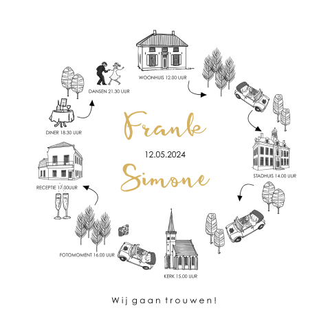 Originele trouwkaart met een illustratie van de trouwdag
