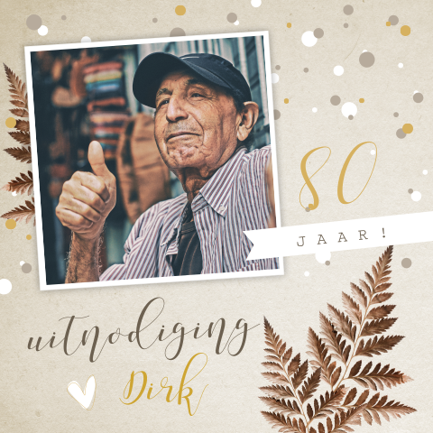 Vintage 80 jaar uitnodiging met takjes en confetti