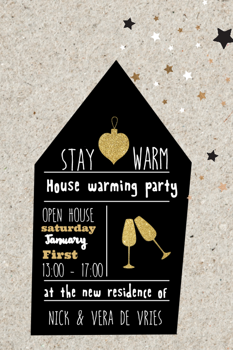 Stoere verhuiskaart/housewarming met huisje en sterren op kraftlook