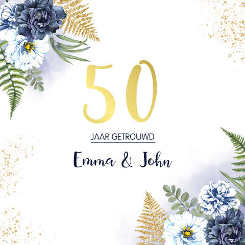 Goudfolie jubileumkaart met aquarel bloemen - 50 jaar getrouwd