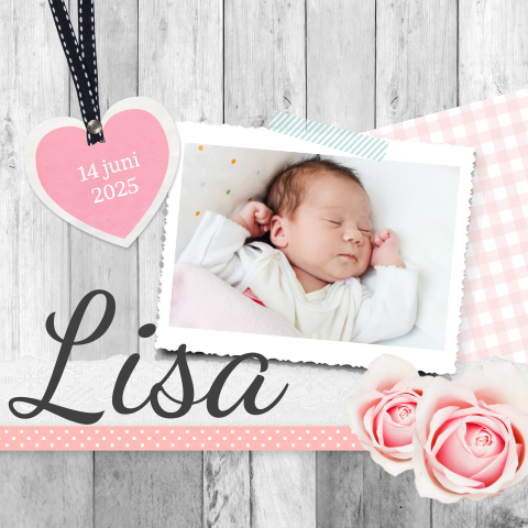 Scrapbook geboortekaartje met rozen en ruitjes