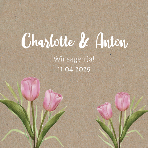 Standesamtliche Einladungskarte aus Kraftpapier mit rosa Tulpen