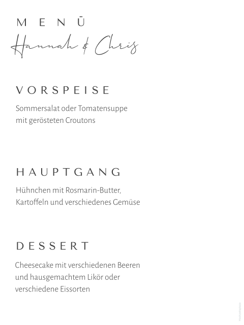 Elegantes, schlichtes Menüschild zur Hochzeit in weiß und schwarz