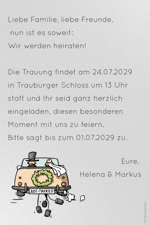 Hochzeitseinladung aus Transparentpapier mit Oldtimer und Brautpaar