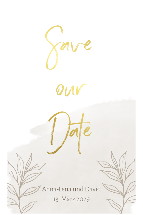 Mit Gold veredelte Save the Date Karte in Bogenform mit Zweigen