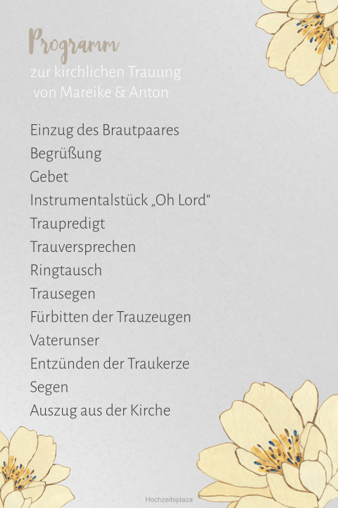 Modernes, transparentes Kirchenheft zur Hochzeit mit gelben Blumen