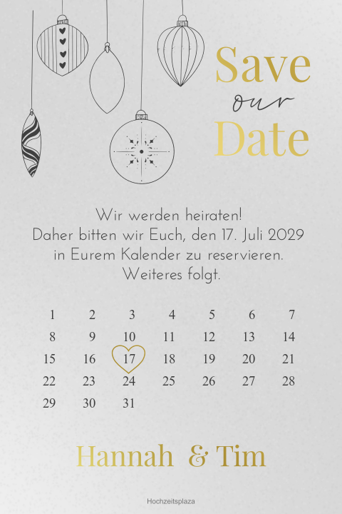 Transparente Save the Date Karte mit Goldfolie und Weihnachtskugeln