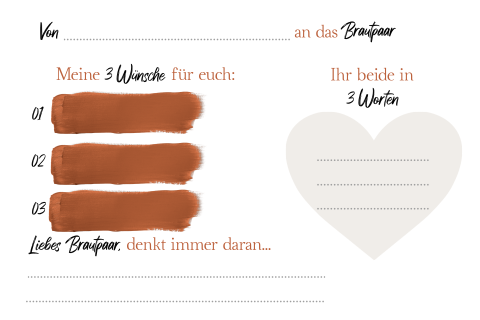Weiße Gästebuchkarte mit Pinselstrich in braun und Herz in beige