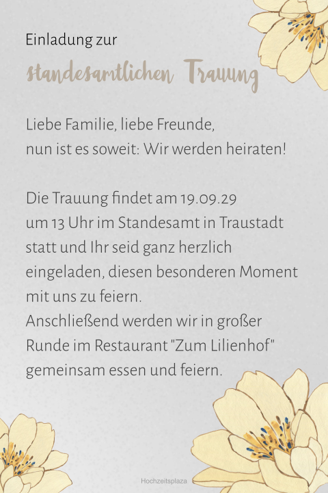 Transparente Einladung für das Standesamt mit gelben Blumen