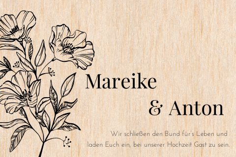 Standesamtliche Einladungskarte aus Echtholz mit Blumen in schwarz