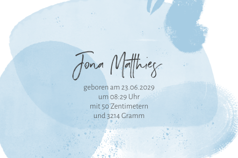 Weiße Geburtskarte mit Aquarell Hintergrund in Blau Nuancen