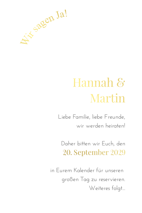 Schlichte, weiße Save the Date Karte in Bogenform mit Goldfolie veredelt