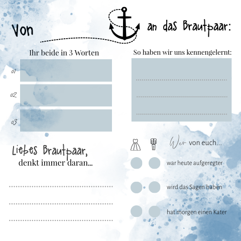 Gästebuchkarte mit Aquarell in blau und weiß