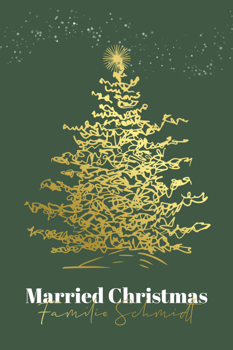 Grüne Dankeskarte zur Hochzeit mit goldenem Christbaum und Sternen