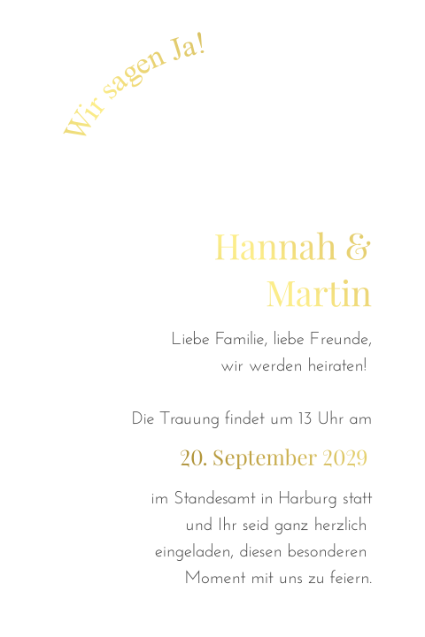Schlichte besondere Hochzeitskarte mit Bogenform und Goldveredelung