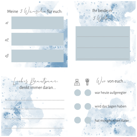 Gästebuchkarte im 4er-Set mit Aquarell in blau und weiß