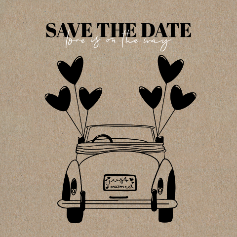 Save the Date Kraftpapier Karte mit Oldtimer in schwarz und Ballons