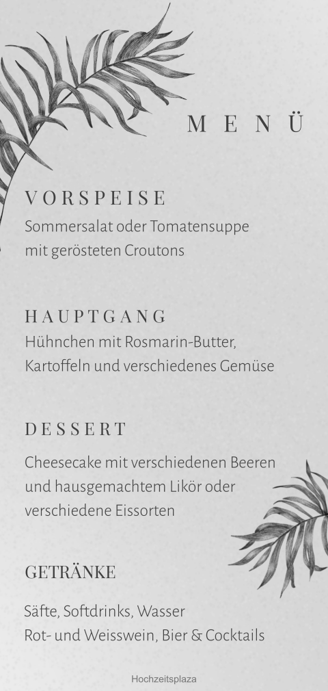 Transparente Menükarte zur Hochzeit mit Palmenblättern in schwarz