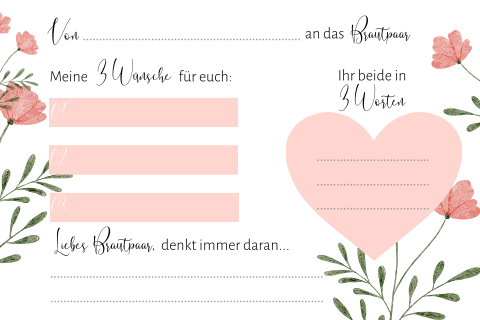 Verspielte weiße Gästebuchkarte mit rosa Blumen und Herz